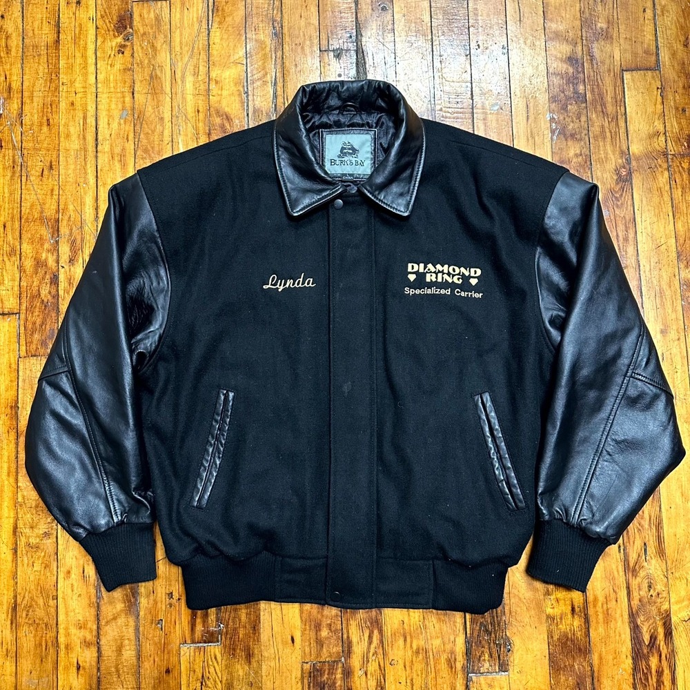 Burk's Bay Varsity Jacket Mens L Black Leather Sleeve Lynda Diamond Ring Outdoor